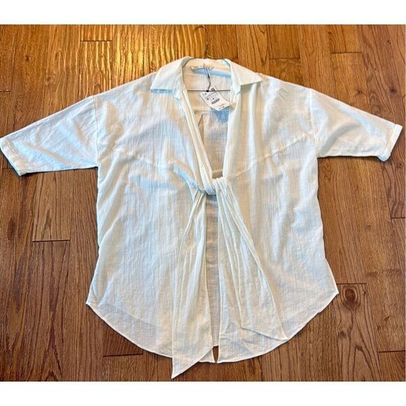 Zara NWT cotton white collared tie front blouse coverup M - Picture 2 of 10